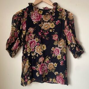 Sezane Black Floral Blouse with Ruffle Neck